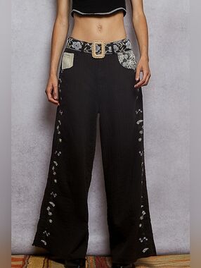 POL Black Wide-Leg Pants with Embroidered Floral Waistband